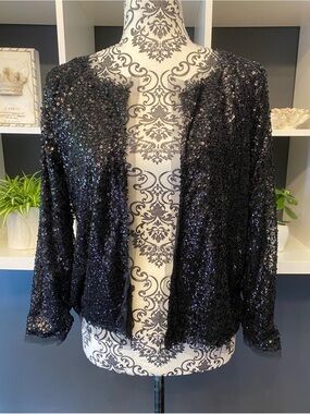 J. Crew Black Sequined Open-Front Jacket with Sheer Lace Lining Size M
